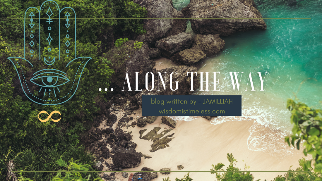 Blog banner of Island oasis with sandy beach, glistening aqua colored ocean, tropical trees, and green hamsa hand/yellow infinity symbol logo. Blog "...Bits Of Wisdom" written by Jamilliah, for JAMILLIAH'S WISDOM IS TIMELESS SHOP, at wisdomistimeless.com.