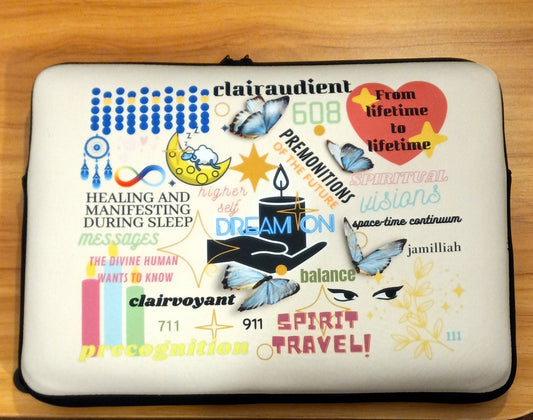 large laptop sleeve protector with 100% neoprene material, black back, and faux fur interior lining. Colorful collage of spiritual  images and words. JAMILLIAH'S WISDOM IS TIMELESS SHOP - wisdomistimeless.com.