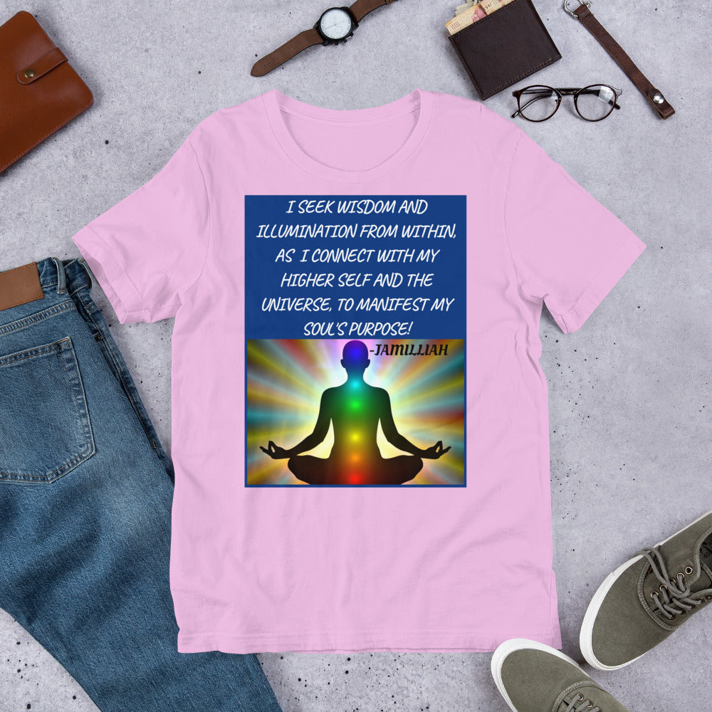Unisex, lilac, designer, Bella + Canvas staple tee shirts. Designed with zen image of a being in lotus pose, having balanced chakras, surrounded by rainbow light aura. Original wise quote/mantra/slogan/tagline/saying/motto written in white, blue background. "I Seek Wisdom And Illumination From Within, As I Connect With My Higher Self And The Universe, To Manifest My Soul's Purpose!" - Jamilliah. Shown with jeans/sneakers/wallet/glasses/watch. JAMILLIAH'S WISDOM IS TIMELESS SHOP - wisdomistimeless.com.