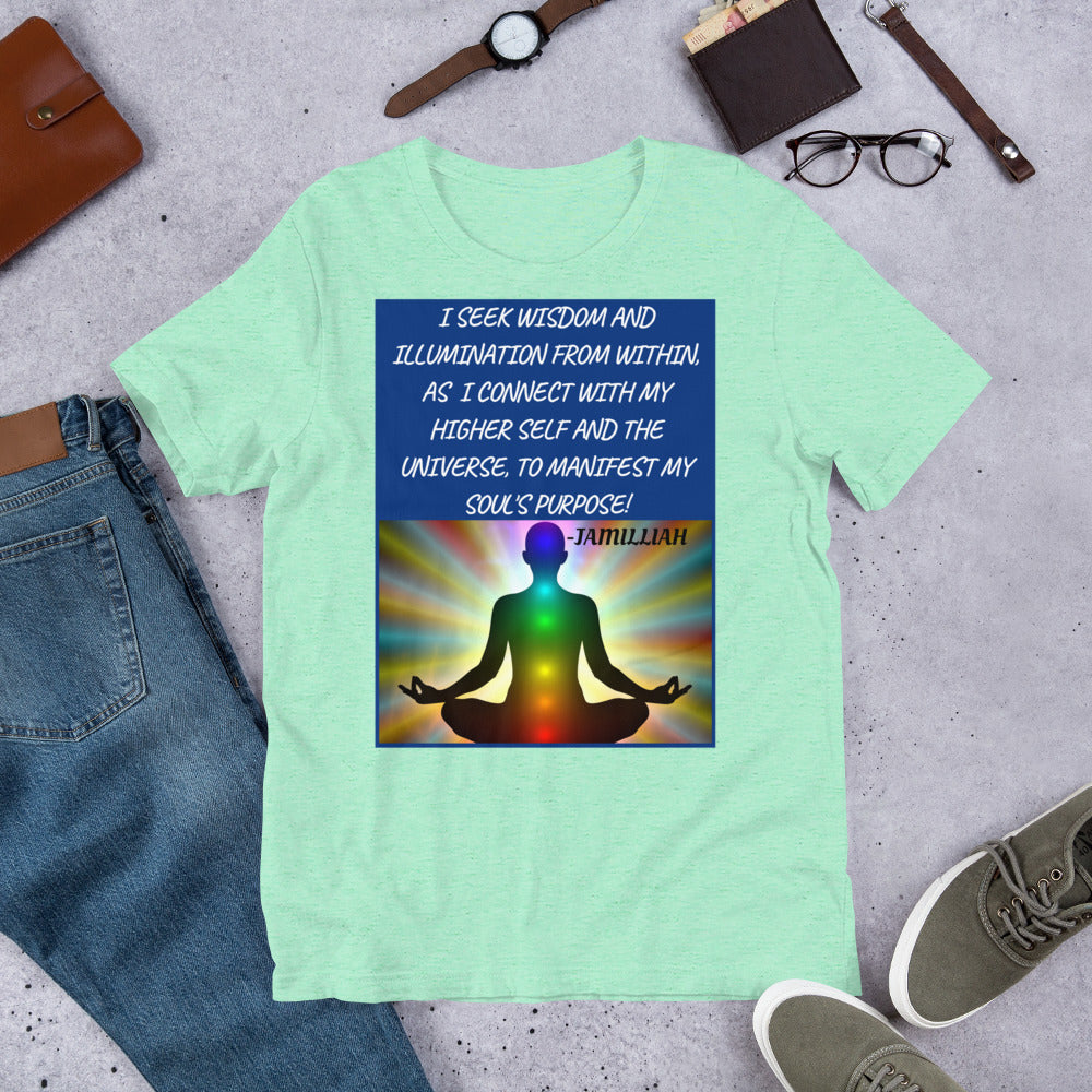 Unisex, heather mint, designer, Bella + Canvas staple tees. Designed with zen image of a being in lotus pose, with balanced chakras, surrounded by rainbow light aura. Original wise quote/mantra/slogan/tagline/saying/motto written in white, blue background. "I Seek Wisdom And Illumination From Within, As I Connect With My Higher Self And The Universe, To Manifest My Soul's Purpose!" - Jamilliah. Shown with jeans/sneakers/wallet/glasses/watch. JAMILLIAH'S WISDOM IS TIMELESS SHOP - wisdomistimeless.com.
