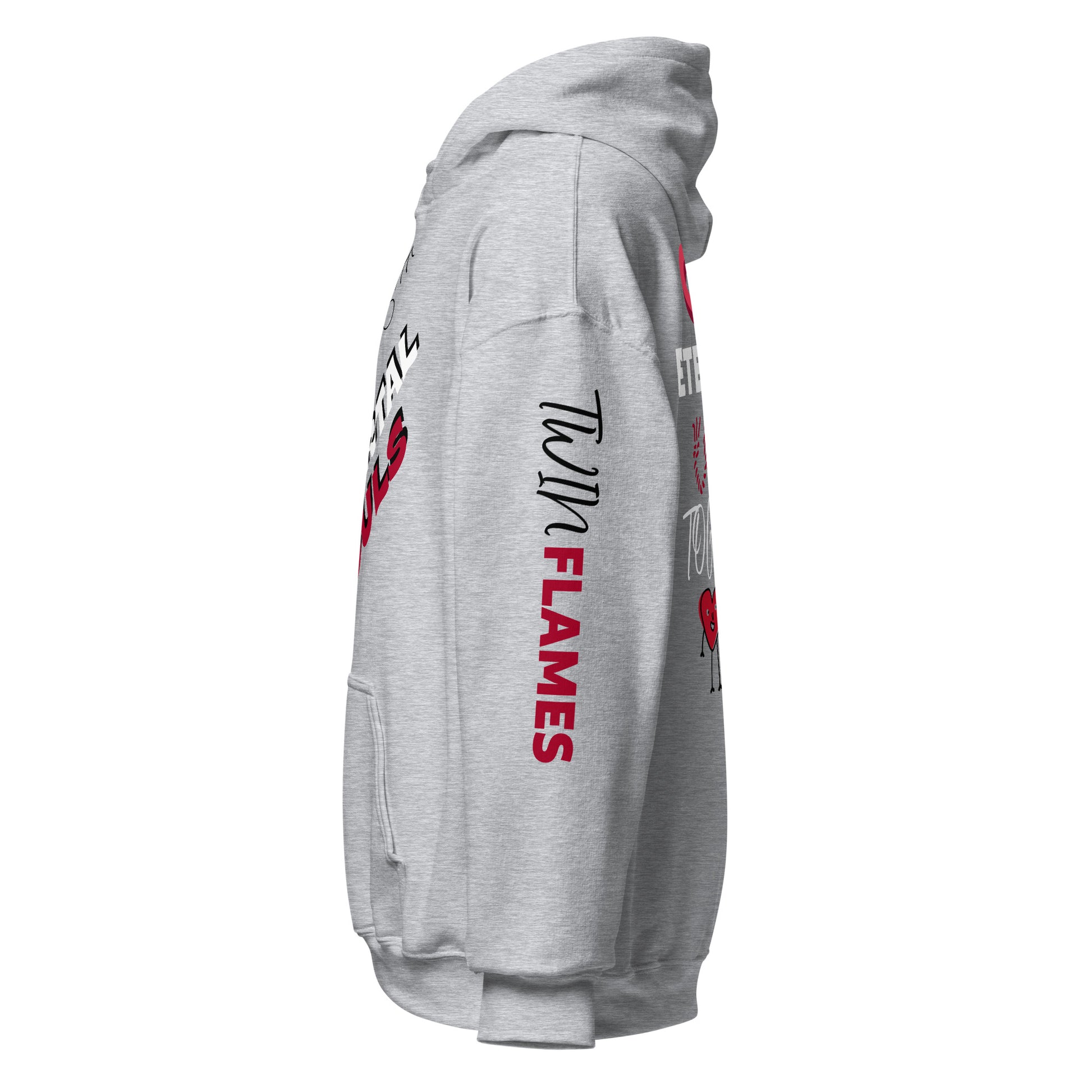 Gildan 18500 unisex hoodies. Sport gray graphic hoodies with logo and text on front, text on back, text on left sleeve, and text on right sleeve (left side view shown). Black and red "Twin Flames" tagline on left arm with 1 × 1 inch athletic rib-knit cuff (shown). Air-jet spun yarn made from 50% preshrunk cotton and 50% polyester, for softness and reduced pilling. Sizes Small, Medium, Large, Extra Large, 2X, 3X, 4X, and 5X. JAMILLIAH'S WISDOM IS TIMELESS SHOP - wisdomistimeless.com.
