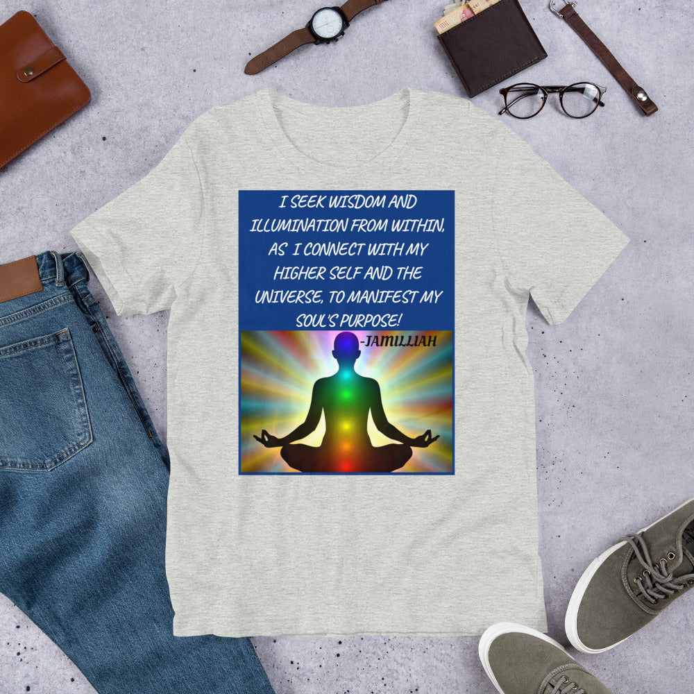 Unisex, athletic heather, designer, Bella + Canvas staple tees. Designed with zen image of a being in lotus pose, with balanced chakras, surrounded by rainbow light aura. Original wise quote/mantra/slogan/tagline/saying/motto written in white, blue background. "I Seek Wisdom And Illumination From Within, As I Connect With My Higher Self And The Universe, To Manifest My Soul's Purpose!" - Jamilliah. Shown with jeans/sneakers/wallet/glasses/watch. JAMILLIAH'S WISDOM IS TIMELESS SHOP - wisdomistimeless.com.