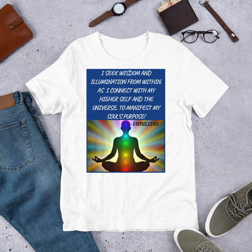 Unisex, white, Bella + Canvas 3001 short sleeve T-shirts. Designed with zen image of a being in lotus pose, having balanced chakras, surrounded by rainbow light aura. Original wise quote/mantra/slogan/tagline/saying/motto written in white, blue background. "I Seek Wisdom And Illumination From Within, As I Connect With My Higher Self And The Universe, To Manifest My Soul's Purpose!" - Jamilliah. Shown with jeans/sneakers/wallet/glasses/watch. JAMILLIAH'S WISDOM IS TIMELESS SHOP - wisdomistimeless.com.