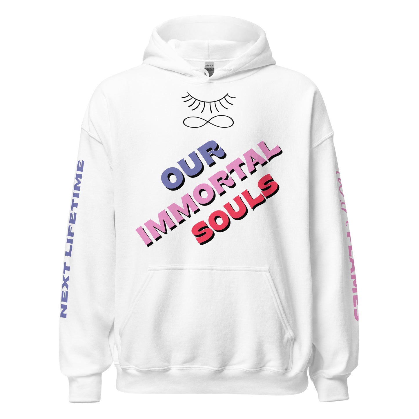 White unisex graphic hoodies for women and for men. Custom text hoodie with words and logo on the front/back/sleeves. Hoodies with black closed eye/infinity sign logo with bluish, lavenderish, pinkish/redish colorful "OUR IMMORTAL SOULS" text design on front. Oversized hoodies: Sizes 5X, 4X, 3X, 2X. Hoodies for adults XL, L, M, and S. Sweatshirts with double-lined hood, matching drawstrings, pouch pocket, rib-knit cuffs and cotton/polyester blend. JAMILLIAH'S WISDOM IS TIMELESS SHOP - wisdomistimeless.com.