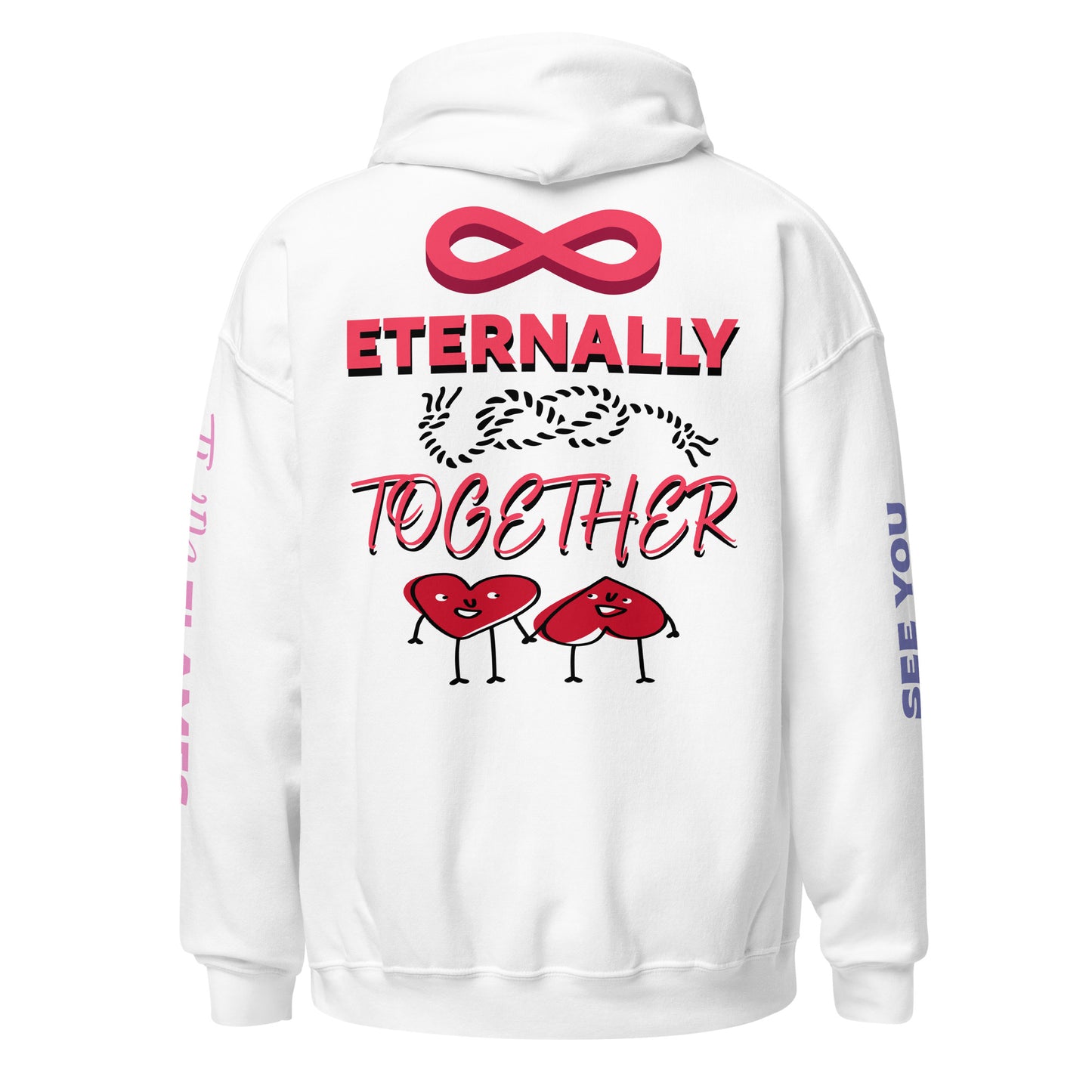Best matching hoodies for couples. White unisex hoodies with graphic design for couples eternally together. Gildan hoodies with messages on the back. Cute hoodies for twin flames with infinity symbol, a rope tied in an infinity knot, the words "ETERNALLY TOGETHER," and two lovers as red hearts looking at each other and holding hands. Made with 50% cotton/50% polyester. Sizes S-5X. Cheap hoodies online. Shop online sale at JAMILLIAH'S WISDOM IS TIMELESS SHOP - wisdomistimeless.com. 