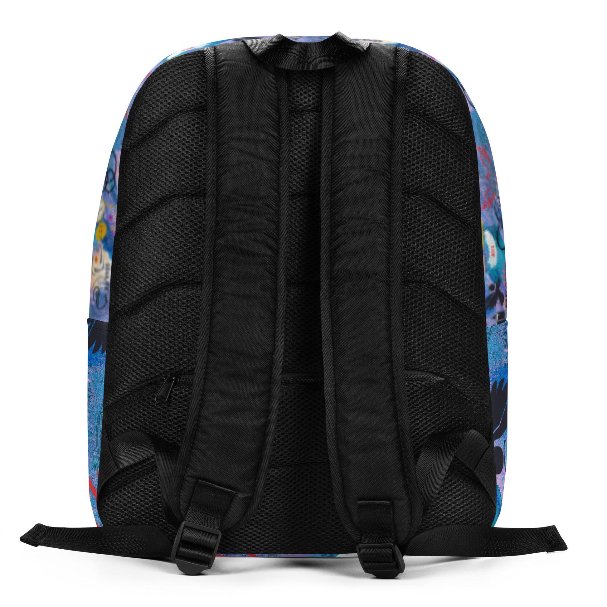 All-over print bluish/purple, minimalist backpack, back with padded ergonomic bag straps (all black). Spiritual images and words of death, rebirth, transformation, reincarnation, love, and spiritual awakening. Otherworldly quote, "See You Next Lifetime," with angel numbers, angel, candles, hearts, feather, musical notes, phoenix, butterfly, infinity symbol, stars, circles, pocket watch, dream catcher, and dreamer in bed having premonitions. JAMILLIAH'S WISDOM IS TIMELESS SHOP - wisdomistimeless.com.