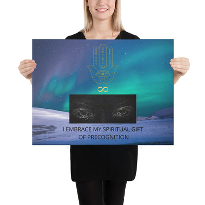 18x24 inch canvas print with psychic aesthetic. Landscape with logo and and slogan/saying/tagline. Original hamsa hand/infinity symbol logo, northern lights/polar lights/aurora borealis sky, and reflective eyes design. Psychic quote, "I Embrace My Spiritual Gift Of Precognition." - Jamilliah - Shown with female model holding the canvas art print. JAMILLIAH'S WISDOM IS TIMELESS SHOP - wisdomistimeless.com.
