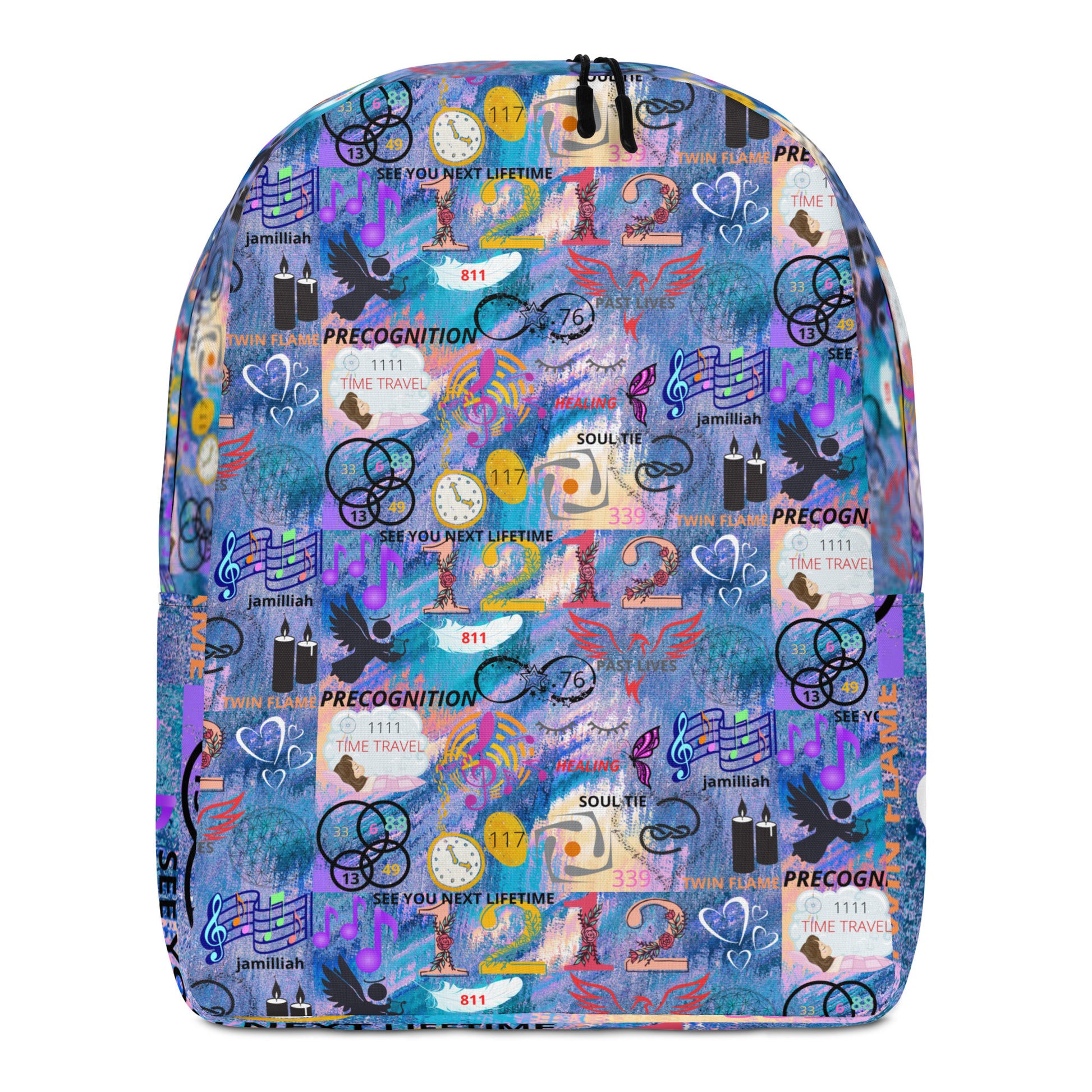 All-over print bluish/purple, minimalist backpack, front. Spiritual images and words of death, rebirth, transformation, reincarnation, love, and spiritual awakening. Psychic quote, "See You Next Lifetime," with angel numbers, angel, candles, hearts, feather, musical notes, phoenix, butterfly, infinity symbol, stars, circles, pocket watch, dream catcher, and dreamer in bed having premonitions. JAMILLIAH'S WISDOM IS TIMELESS SHOP - wisdomistimeless.com.