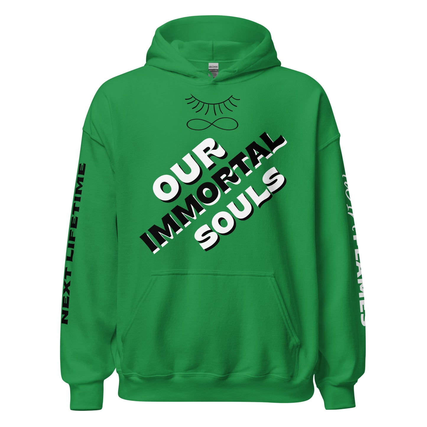 Hoodies custom print. Hoodies with designs and text on front, back, left, and right sleeves. Unisex graphic hoodies. Hoodies custom logo. Unisex clothing for both sexes with quotes. Irish green sweatshirt with double lined hood, pouch pocket, and rib-knit cuffs. Black closed eye and infinity symbol brand logo with white and black text "Our Immortal Souls" mystical, supernatural mantra on the front. Made from cotton/polyester blend. Sizes S-3X. JAMILLIAH'S WISDOM IS TIMELESS SHOP - wisdomistimeless.com.