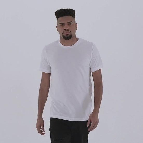 Bella + Canvas 3001 Unisex Short Sleeve Jersey T-Shirt mp4 video. Male and female models wearing white t-shirts and showcasing the fit, feel, and look of the tee shirts.