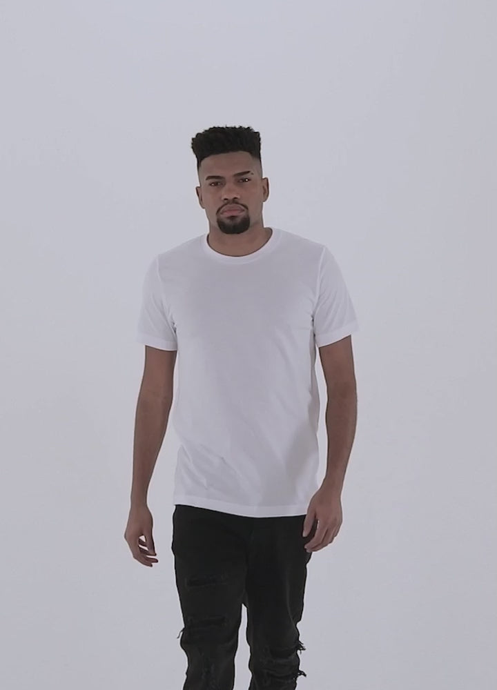 Bella + Canvas 3001 Unisex Short Sleeve Jersey T-Shirt mp4 video. Male and female models wearing white t-shirts and showcasing the fit, feel, and look of the tee shirts.