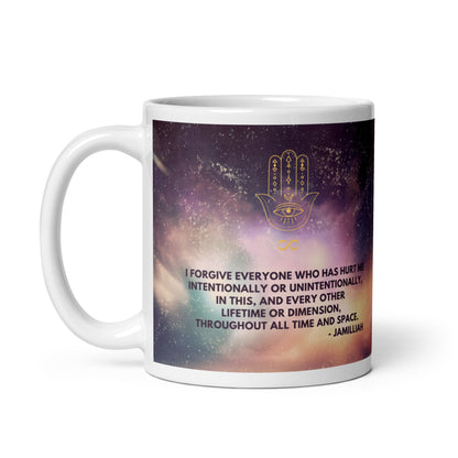 White and purple glossy 11oz mug with original logo and quote, left side handle. Spiritual hamsa hand/infinity symbol brand logo. Cosmos/universe/galaxy/space design. Original otherworldly, wise quote. "I Forgive Everyone Who Has Hurt Me Intentionally Or Unintentionally, In This, And Every Other Lifetime Or Dimension, Throughout All Time And Space." - Jamilliah - JAMILLIAH'S WISDOM IS TIMELESS SHOP - wisdomistimeless.com.