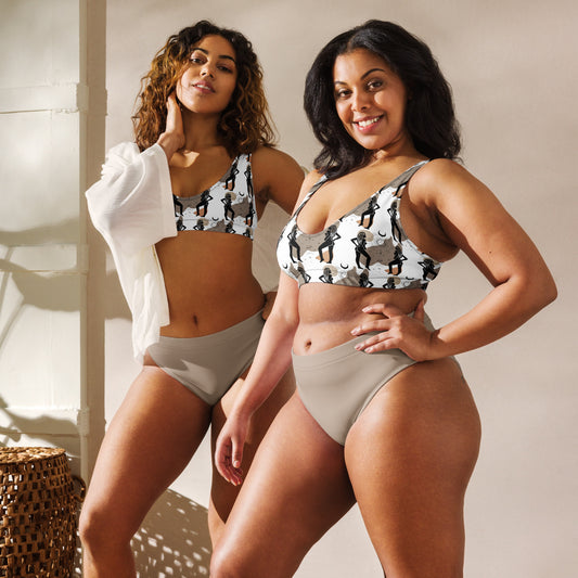 Women's Rpet recycled bikini tops with removable padding. Worn by plus size and Size 0 female models; front, side view. Black women, sun with a face and third eye, planets, moons, and stars pattern design. - JAMILLIAH'S WISDOM IS TIMELESS SHOP - wisdomistimeless.com.