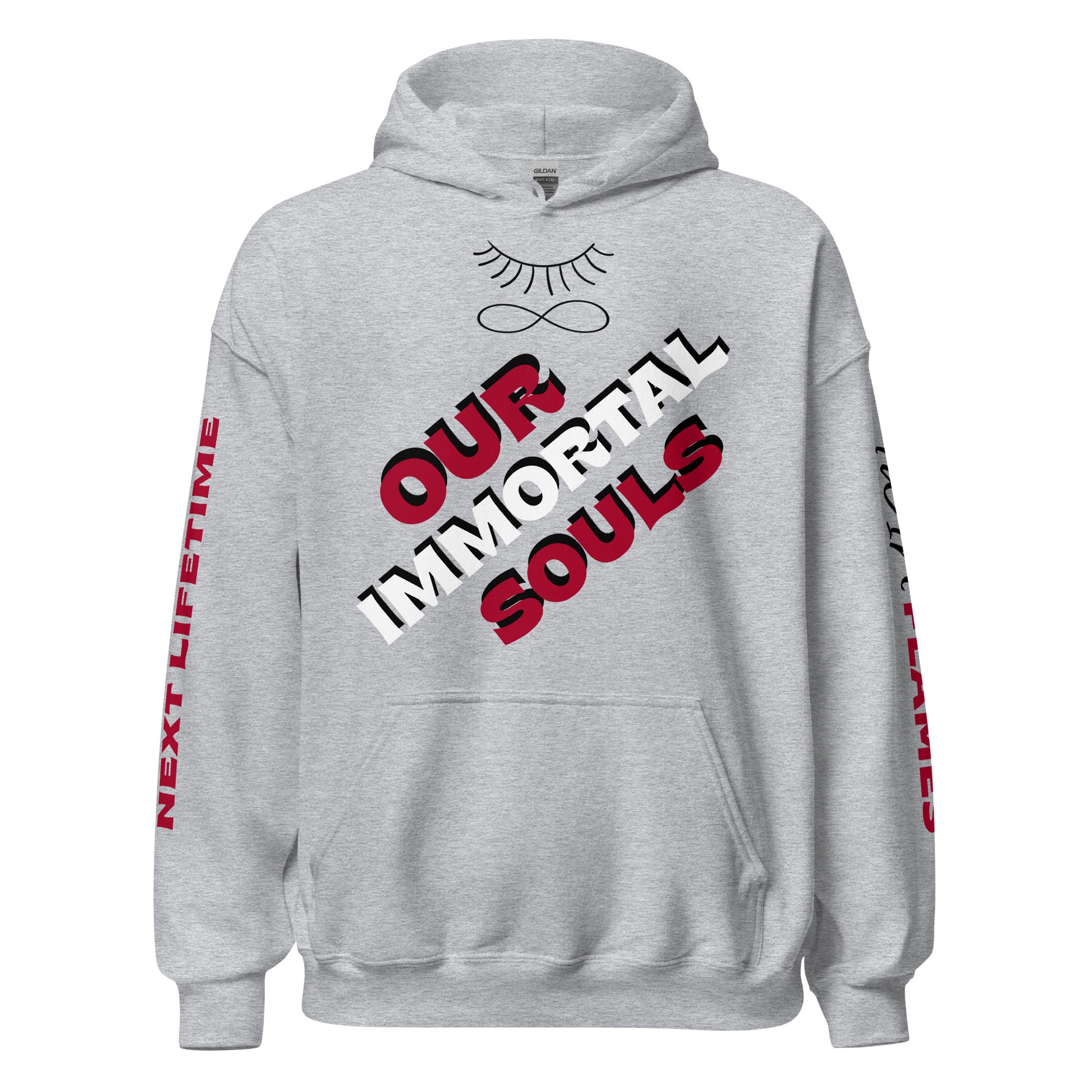 Gildan unisex hoodies for men and for women. Sport grey graphic hoodies with designs on the front, back, and sleeves. Black closed eye and infinity symbol logo with red, white, and black text "Our Immortal Souls" spiritual mantra on the front. It has a double-lined hood, matching drawcords, front pouch pocket, and rib-knit cuffs. Made from 50% preshrunk cotton and 50% polyester. Sizes Small, Medium, Large, Extra Large, 2X, 3X, 4X, and 5X. JAMILLIAH'S WISDOM IS TIMELESS SHOP - wisdomistimeless.com.