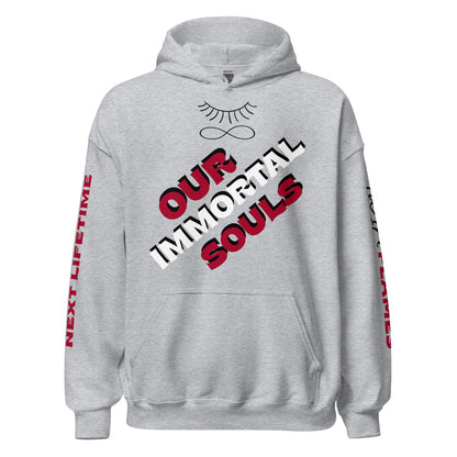 Gildan unisex hoodies for men and for women. Sport grey graphic hoodies with designs on the front, back, and sleeves. Black closed eye and infinity symbol logo with red, white, and black text "Our Immortal Souls" spiritual mantra on the front. It has a double-lined hood, matching drawcords, front pouch pocket, and rib-knit cuffs. Made from 50% preshrunk cotton and 50% polyester. Sizes Small, Medium, Large, Extra Large, 2X, 3X, 4X, and 5X. JAMILLIAH'S WISDOM IS TIMELESS SHOP - wisdomistimeless.com.