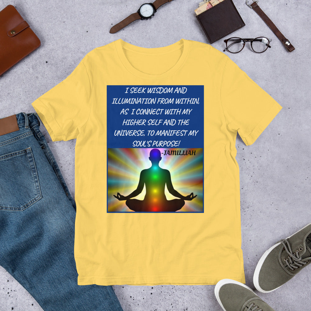 Unisex, yellow, designer, Bella + Canvas 3001 short sleeve tee shirts. Designed with zen image of a being in lotus pose, having balanced chakras, surrounded by rainbow light aura. Wise quote/mantra/slogan/tagline/saying/motto written in white, blue background. "I Seek Wisdom And Illumination From Within, As I Connect With My Higher Self And The Universe, To Manifest My Soul's Purpose!" - Jamilliah. Shown with jeans/sneakers/wallet/glasses/watch. JAMILLIAH'S WISDOM IS TIMELESS SHOP - wisdomistimeless.com.