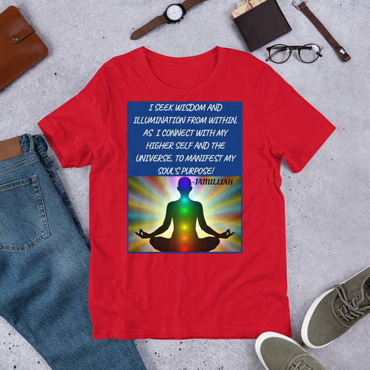 Unisex, red, Bella + Canvas 3001 short sleeve T-shirts. Designed with zen image of a being in lotus pose, having colorful balanced chakras, surrounded by rainbow light aura. Original wise quote/mantra/slogan/tagline/saying/motto written in white, blue background. "I Seek Wisdom And Illumination From Within, As I Connect With My Higher Self And The Universe, To Manifest My Soul's Purpose!" - Jamilliah. Shown with jeans/sneakers/wallet/glasses/watch. JAMILLIAH'S WISDOM IS TIMELESS SHOP - wisdomistimeless.com.