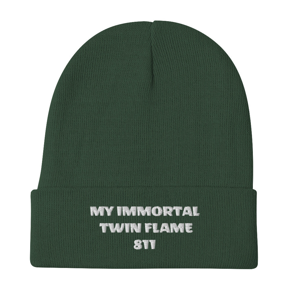 Dark green and whitish/grey knit beanie with original tagline. "My Immortal Twin Flame 811." Shown with white background. JAMILLIAH'S WISDOM IS TIMELESS SHOP - wisdomistimeless.com.