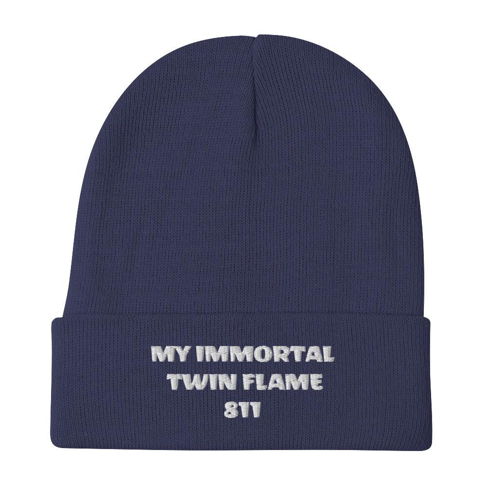 Navy and whitish/grey knit beanie with original tagline. "My Immortal Twin Flame 811." Shown with white background. JAMILLIAH'S WISDOM IS TIMELESS SHOP - wisdomistimeless.com.