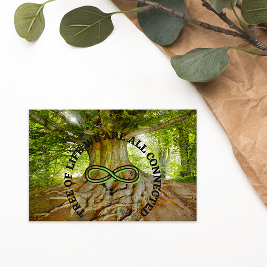 Postcard with tree of life, infinity symbol, and spiritual wise quote mantra. "Tree Of Life, We Are All Connected." Shown with green leaves on brown bag. Jamilliah - JAMILLIAH'S WISDOM IS TIMELESS SHOP - wisdomistimeless.com.