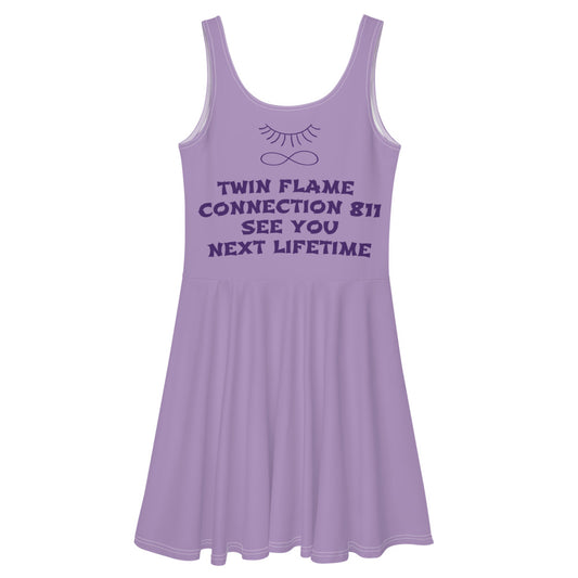 Purple skater dress with original closed eye/infinity symbol logo and twin flame quote, back. "Twin Flame Connection 811 See You Next Lifetime." Closed eye/infinity symbol logo represents the death of the human body, and the eternal, immortal soul. JAMILLIAH'S WISDOM IS TIMELESS SHOP - wisdomistimeless.com.