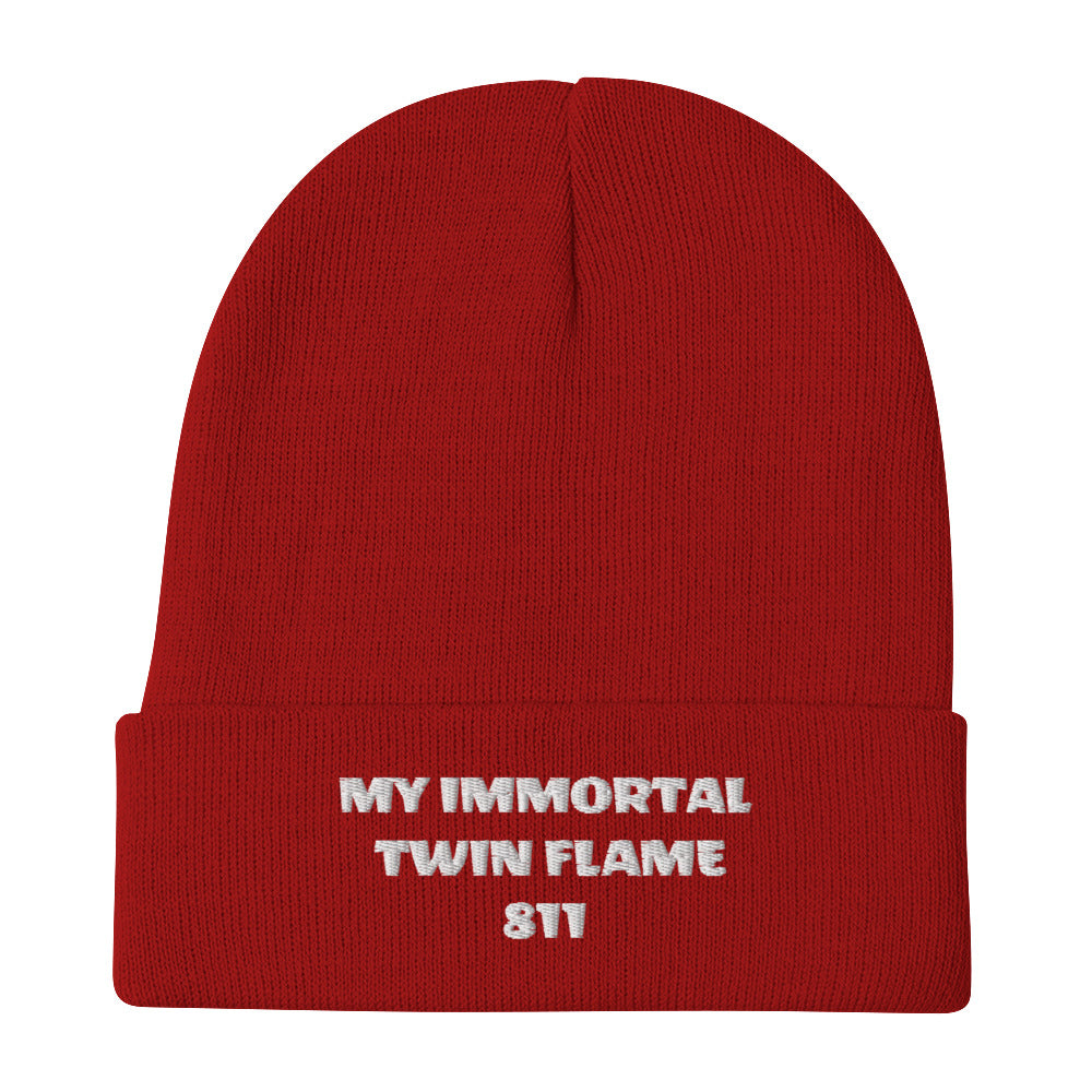 Red and white knit beanie with original tagline. "My Immortal Twin Flame 811." Shown with white background. JAMILLIAH'S WISDOM IS TIMELESS SHOP - wisdomistimeless.com.