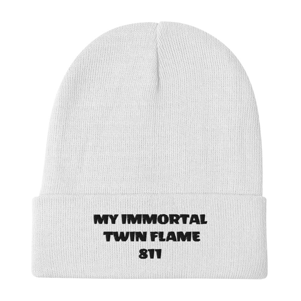 White/black knit beanie with original tagline. "My Immortal Twin Flame 811." Shown with white background. JAMILLIAH'S WISDOM IS TIMELESS SHOP - wisdomistimeless.com.