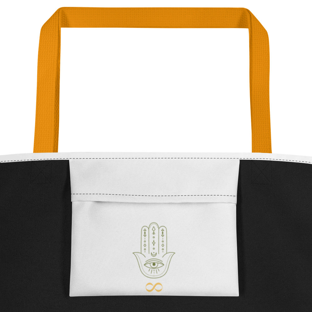 16″ × 20″ tote bag with yellow straps, and inside pocket. Inside pocket has hamsa hand/infinity symbol logo. Spiritual images and words of premonitions, person in bed experiencing spirit travel, higher consciousness, different dimensions, spiritual downloads, future, infinity symbol, wisdom, telepathy, music, healing, soul entity, destiny, balanced chakras, meditation, sacred geometry circles, angel numbers, precognition, and spiritual awakening. JAMILLIAH'S WISDOM IS TIMELESS SHOP - wisdomistimeless.com. 