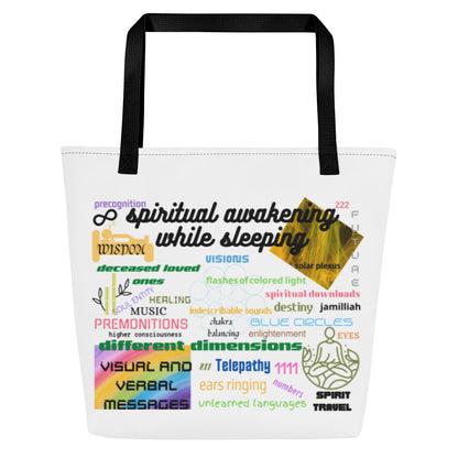 16″ × 20″ tote bag with black straps, back. Spiritual images and words of premonitions, person in bed experiencing spirit travel, higher consciousness, different dimensions, spiritual downloads, future, infinity symbol, wisdom, telepathy, music, healing, soul entity, destiny, balanced chakras, meditation, sacred geometry circles, angel numbers, precognition, and spiritual awakening. JAMILLIAH'S WISDOM IS TIMELESS SHOP - wisdomistimeless.com.
