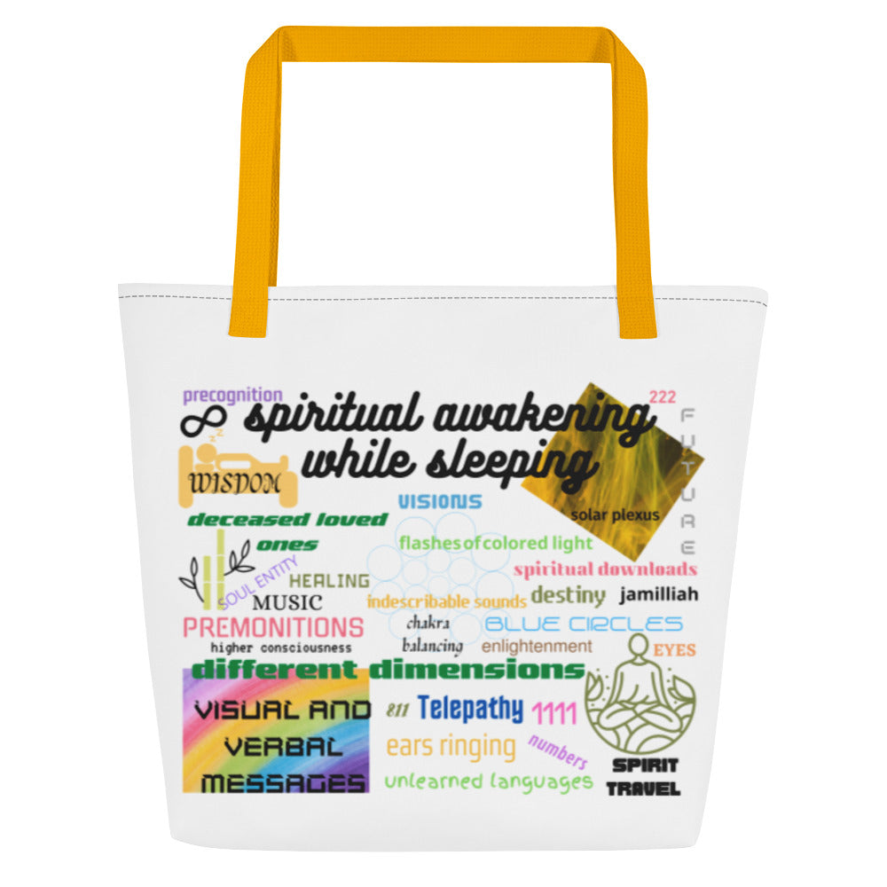 16″ × 20″ tote bag/beach bag with yellow straps, back. Spiritual images and words of premonitions, person in bed experiencing spirit travel, higher consciousness, different dimensions, spiritual downloads, future, infinity symbol, wisdom, telepathy, music, healing, soul entity, destiny, balanced chakras, meditation, sacred geometry circles, angel numbers, precognition, and spiritual awakening. JAMILLIAH'S WISDOM IS TIMELESS SHOP - wisdomistimeless.com.