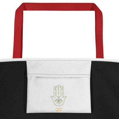 16″ × 20″ tote bag with red straps, and inside pocket. Inside pocket has hamsa hand/infinity symbol logo. Spiritual images and words of premonitions, person in bed experiencing spirit travel, higher consciousness, different dimensions, spiritual downloads, future, infinity symbol, wisdom, telepathy, music, healing, soul entity, destiny, balanced chakras, meditation, sacred geometry circles, angel numbers, precognition, and spiritual awakening. JAMILLIAH'S WISDOM IS TIMELESS SHOP - wisdomistimeless.com.